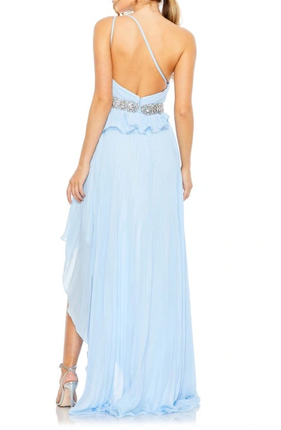 Shop Mac Duggal Ruffle Pleated One-shoulder High-low Gown In Powder Blue