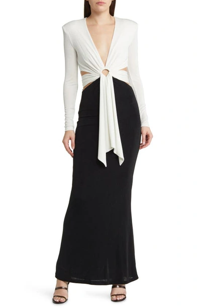 Shop Misha Collection Aldina Plunge Neck Long Sleeve Knit Mermaid Gown In Ivory Black