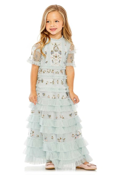 Shop Mac Duggal Kids' Floral Embroidered Point D'esprit Party Dress In Blue Multi