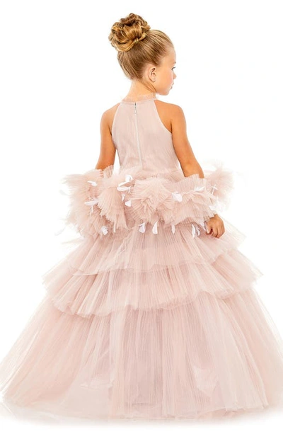 Shop Mac Duggal Kids' Feather Embellished Tiered Tulle Party Dress In Rose