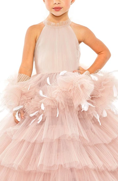 Shop Mac Duggal Kids' Feather Embellished Tiered Tulle Party Dress In Rose