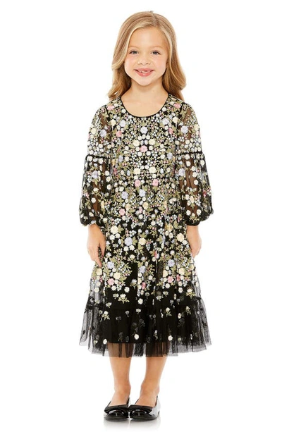 Shop Mac Duggal Kids' Embroidered Floral Long Sleeve Tulle Dress In Black