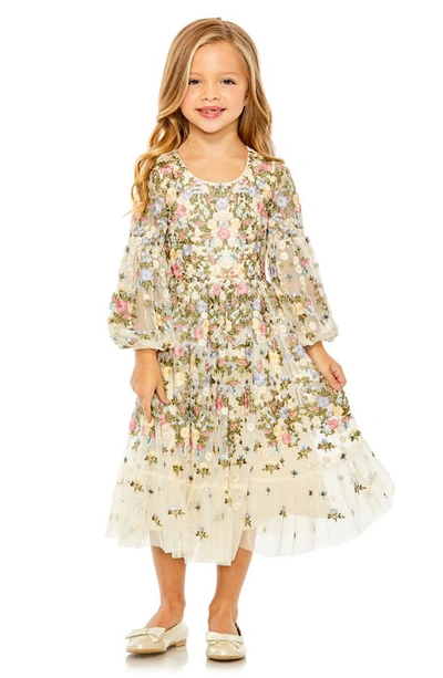 Shop Mac Duggal Kids' Embroidered Floral Long Sleeve Tulle Dress In Ivory