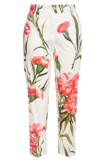 Shop Dolce & Gabbana Carnation Print Stretch Cotton Crop Pants In Natural White