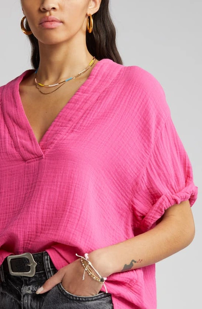 Shop Xirena Avery Split Neck Cotton Gauze Top In Pink Raspberry