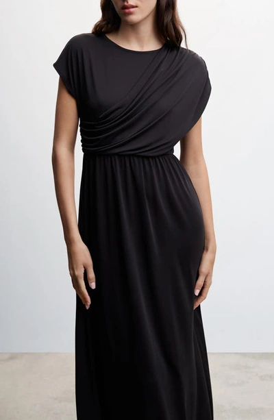 Mango Drape Front Satin Dress In Black