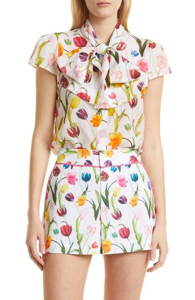 Jeannie Bow-detailed Printed Cotton And Silk-blend Top In Kiss My Tulips