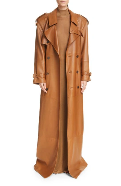 Shop Saint Laurent Classic Plunge Long Leather Trench Coat In Marron Glace