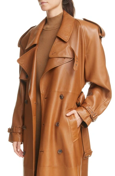 Shop Saint Laurent Classic Plunge Long Leather Trench Coat In Marron Glace