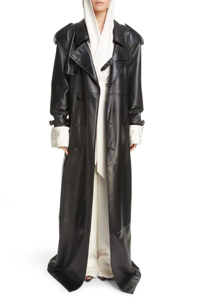 Shop Saint Laurent Classic Plunge Long Leather Trench Coat In Noir