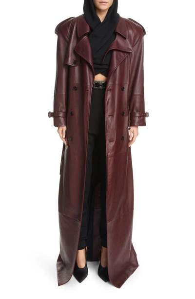 Shop Saint Laurent Classic Plunge Long Leather Trench Coat In Bordeaux