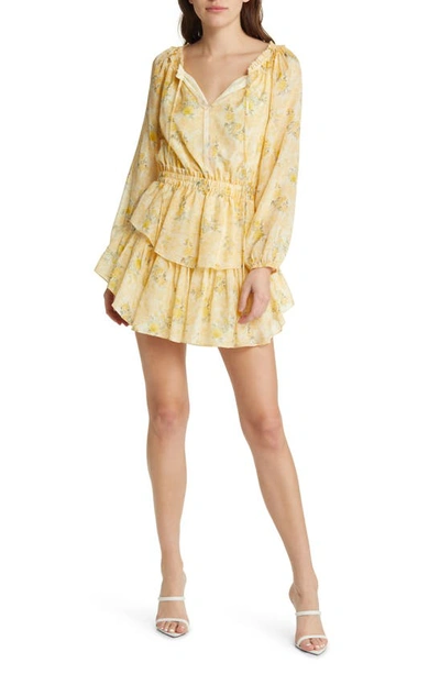 Shop Loveshackfancy Popover Floral Long Sleeve Silk Dress In Lemon Daydream