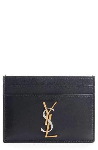 Shop Saint Laurent Monogram Leather Card Case In Nero/ Trigalva