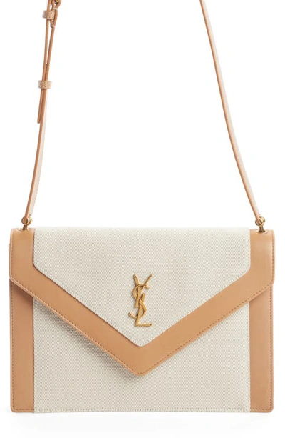 Shop Saint Laurent Medium Gaby Linen & Cotton Canvas Satchel In Greggio