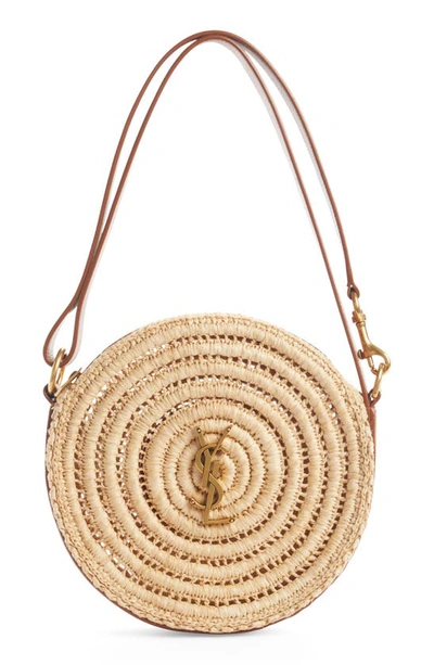 Shop Saint Laurent Woven Raffia Round Crossbody Bag In Natural/ Brick