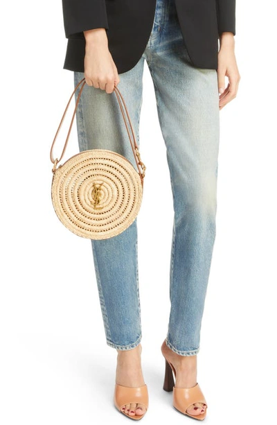 Shop Saint Laurent Woven Raffia Round Crossbody Bag In Natural/ Brick