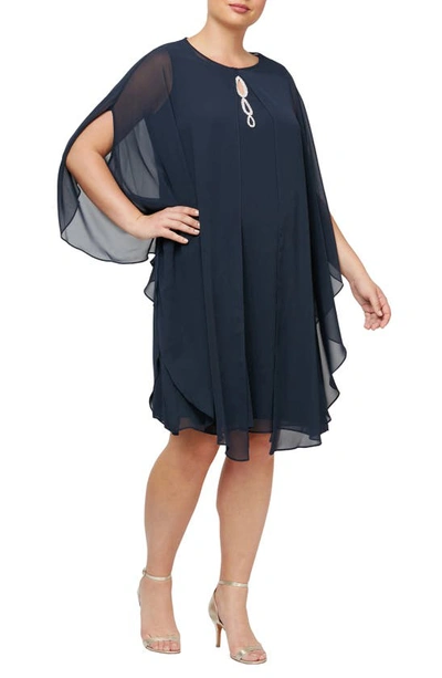 Shop Slny High Neck Multi Chiffon Capelet & Dress 2-piece Set In Navy