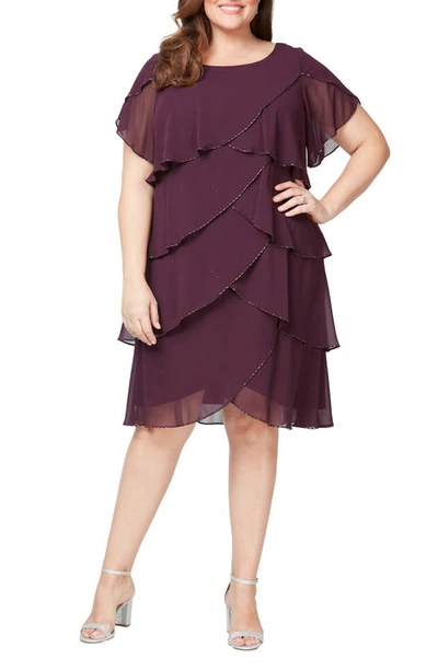 Shop Sl Fashions Bugle Beaded Tiered Cocktail Dress In Aubergine