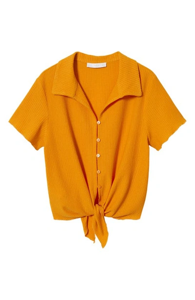 Shop Mango Crop Knot Detail Short Sleeve Button-up Shirt In Orange