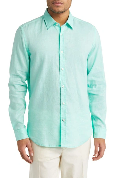 Shop Hugo Boss Roger Slim Fit Stretch Linen Blend Button-up Shirt In Green