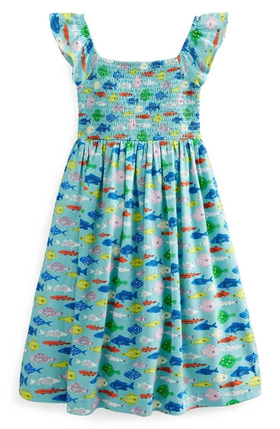 Shop Boden Kids' Shirred Cotton Jersey Dress In Aqua Sea Blue Fish