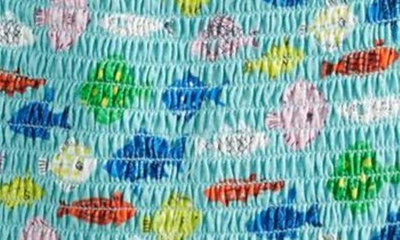 Shop Boden Kids' Shirred Cotton Jersey Dress In Aqua Sea Blue Fish
