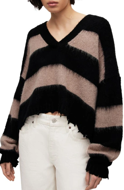 Shop Allsaints Lou Stripe Crop Sweater In Black/ Putty Pink