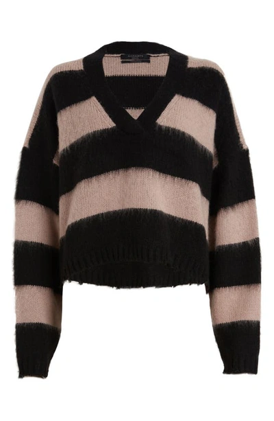 Shop Allsaints Lou Stripe Crop Sweater In Black/ Putty Pink