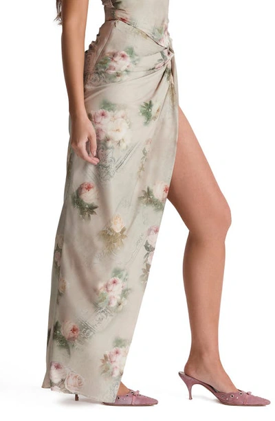 House Of Cb Gathered Side Vent Maxi Skirt In Print 2 Flower Cream