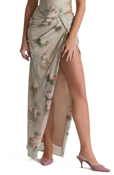House Of Cb Gathered Side Vent Maxi Skirt In Print 2 Flower Cream