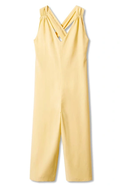 Shop Mango Cross Back Strap Crop Jumpsuit In Pastel Yellow