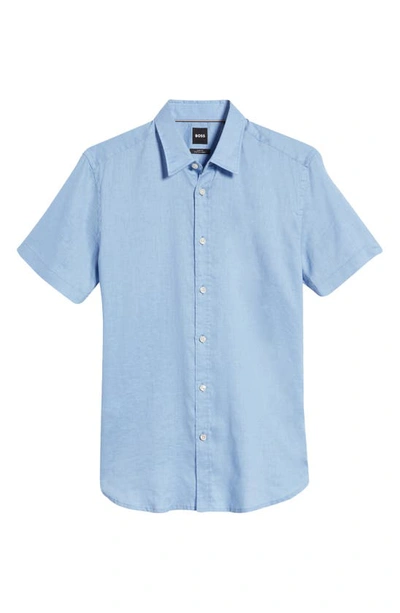 Shop Hugo Boss Ross Slim Fit Short Sleeve Linen Blend Button-up Shirt In Open Blue