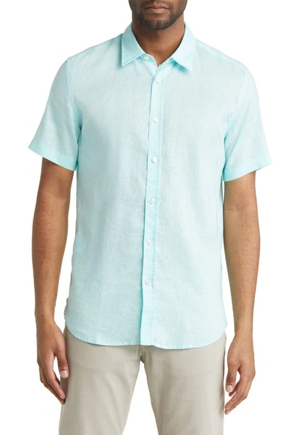 Shop Hugo Boss Ross Slim Fit Short Sleeve Linen Blend Button-up Shirt In Open Green