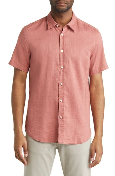 Shop Hugo Boss Ross Slim Fit Short Sleeve Linen Blend Button-up Shirt In Open Pink