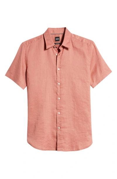 Shop Hugo Boss Ross Slim Fit Short Sleeve Linen Blend Button-up Shirt In Open Pink