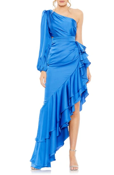 Shop Ieena For Mac Duggal Pleated Cascade Detail One-shoulder Satin A-line Gown In Cobalt