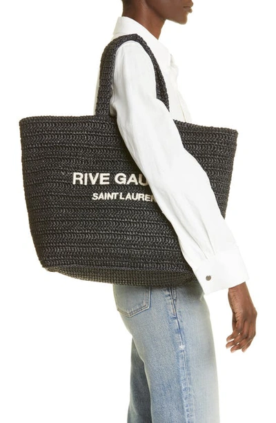 Shop Saint Laurent Rive Gauche Logo Crochet Tote In Nero/ Crema Soft