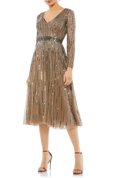 Shop Mac Duggal Sequin Stripe Long Sleeve A-line Dress In Dark Taupe