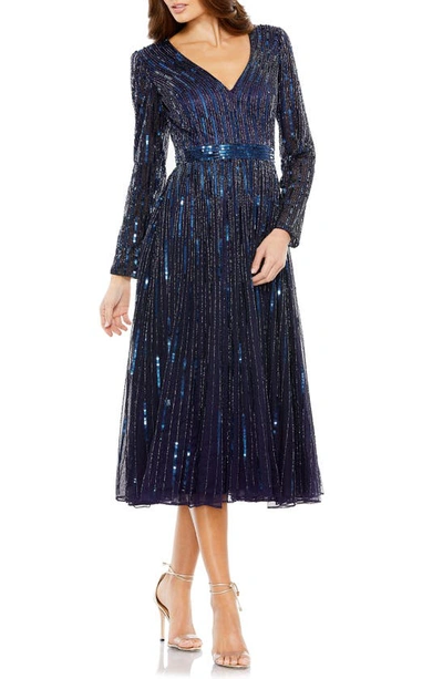 Shop Mac Duggal Sequin Stripe Long Sleeve A-line Dress In Midnight