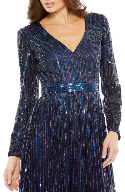 Shop Mac Duggal Sequin Stripe Long Sleeve A-line Dress In Midnight
