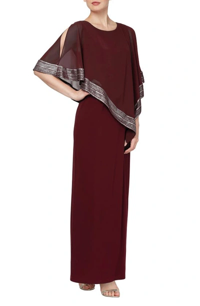 Shop Sl Fashions Asymmetrical Foil Trim Cape Dress In Fig