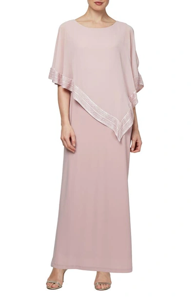 Shop Sl Fashions Asymmetrical Foil Trim Cape Dress In Faded Rose