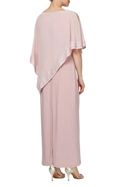 Shop Sl Fashions Asymmetrical Foil Trim Cape Dress In Faded Rose