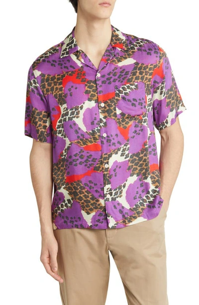 Shop Allsaints Bastille Relaxed Fit Animal Spot Short Sleeve Button-up Shirt In Purple Mulit