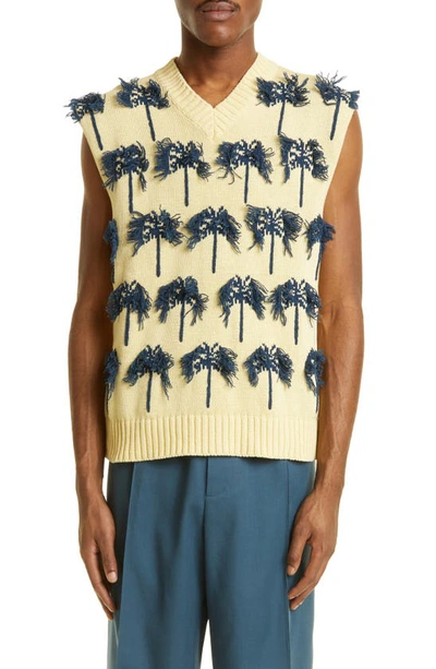 Shop Jil Sander Palm Appliqué Cotton & Wool Vest In Open Yellow