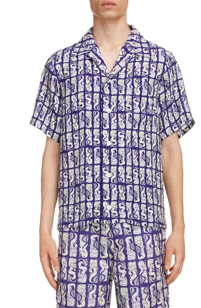 Shop Kenzo Mermaid Short Sleeve Button-up Camp Shirt In Plum Blue