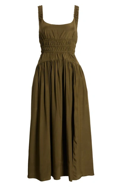 Shop La Ligne Smock Bodice Silk Dress In Dark Olive