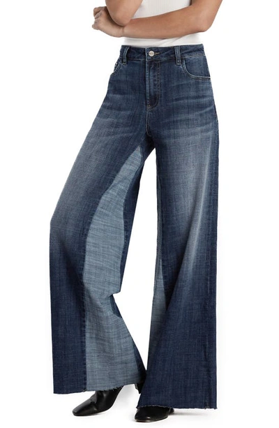 Shop Hint Of Blu Happy Dual Two-tone High Waist Wide Leg Jeans In Jersey Blue