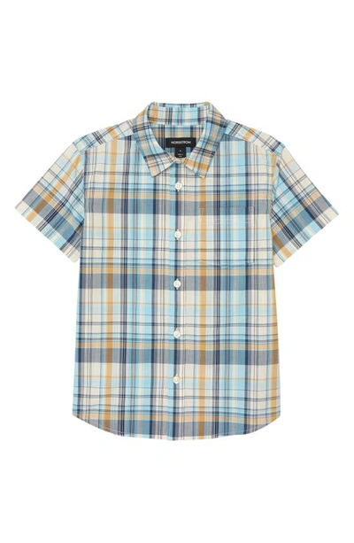 Shop Nordstrom Short Sleeve Poplin Shirt In Blue- Ivory Plaid