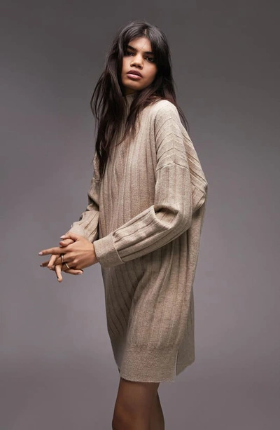 Topshop Boxy Ribbed Funnel Neck Long Sleeve Dress In Neutral